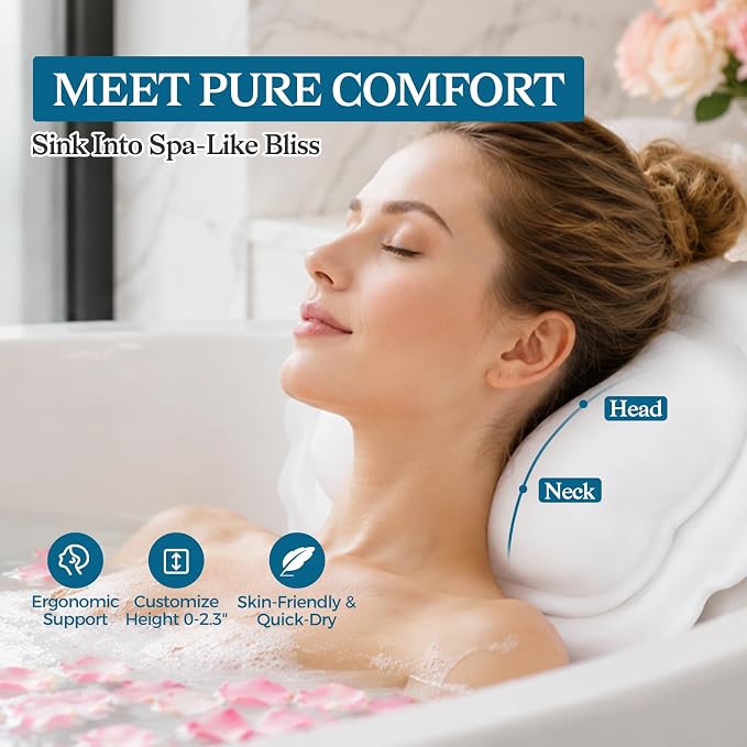 Bath Pillow for Tub, Inflatable Silicone Bathtub Pillow for Head & Neck Support, Adjustable 0-2.3" Height, 7 Strong Suction Cups, Waterproof, Quick-Drying, Luxury Spa Gifts (White)