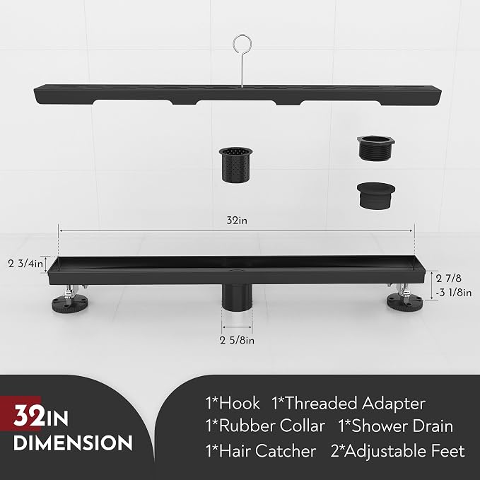 WEBANG 32 Inch Linear Shower Drain Rectangular Floor Drain with Accessories Rainline Pattern Cover Grate Removable SUS304 Stainless Steel CUPC Certified Matte Black