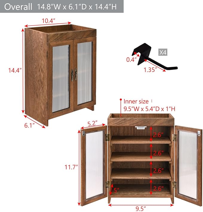 Ikee Design Wooden Countertop Storage Cabinet with Wavy Magnetic Door, Adjustable Shelves, Removable Hooks. Perfect for Perfume, Figurines, and Coffee Cups, Brown Color, 10.4 W x 6.1 D x 14.4 H in