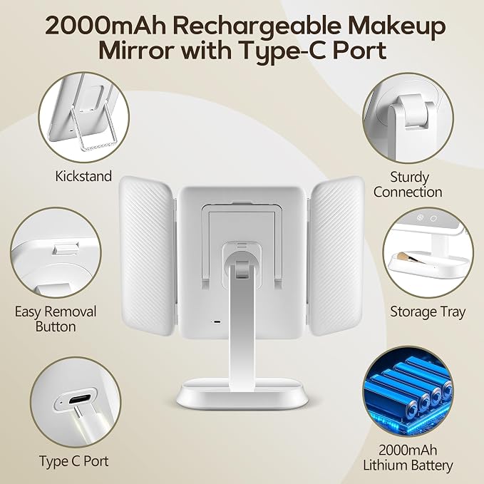 GOMIPURU Makeup Mirror with Lights and 30X/10X/5X Magnification, Vanity Mirror with 3 Color Lights, Rechargeable, Detachable, Lighted Makeup Mirror with Magnification, Trifold Mirror, Gifts, White
