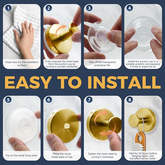 Large Suction Cup Hooks for Shower,Glass Window&Door,Mirror,Reusable Shower Hooks,No-Drill Removable Towel Hooks for Bathroom,4 Packs(Brushed Gold)