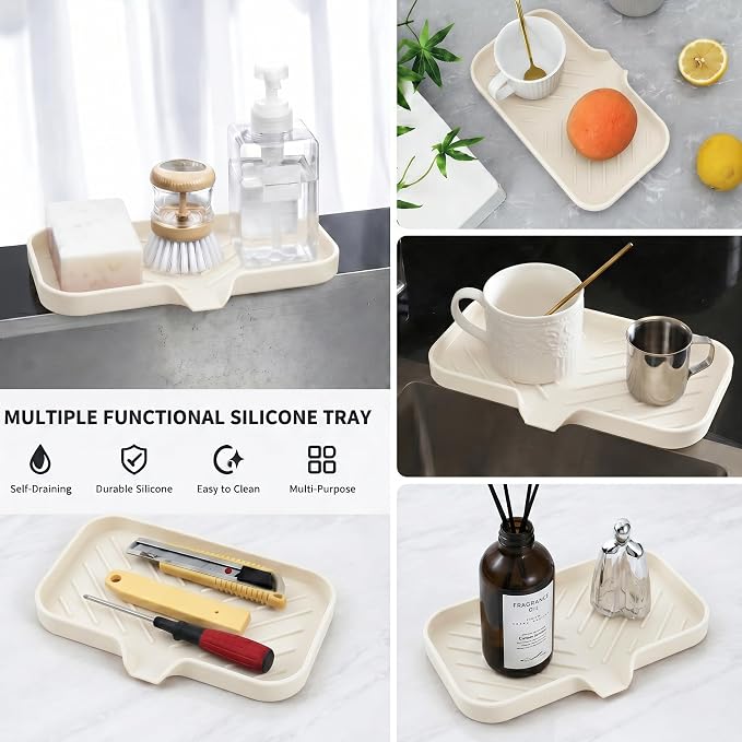 MicoYang Silicone Soap Dish with Drain Spout — Self-Draining Sink Organizer Tray for Bathroom & Kitchen, Sponges, Dispensers & Soap Holder, Non-Slip & Dishwasher Safe, Tapioca (Medium, 9.6"×5.3")