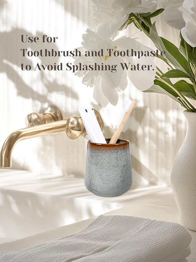 INGOFIN Ceramic Toothbrush Holder, 12 oz Toothpaste Holder Bathroom Cup, Tooth Brush Holder for Vanity Countertop, Organizer Storage for Cosmetic, Makeup, Office Pencils, Kiln-Glazed Grey White