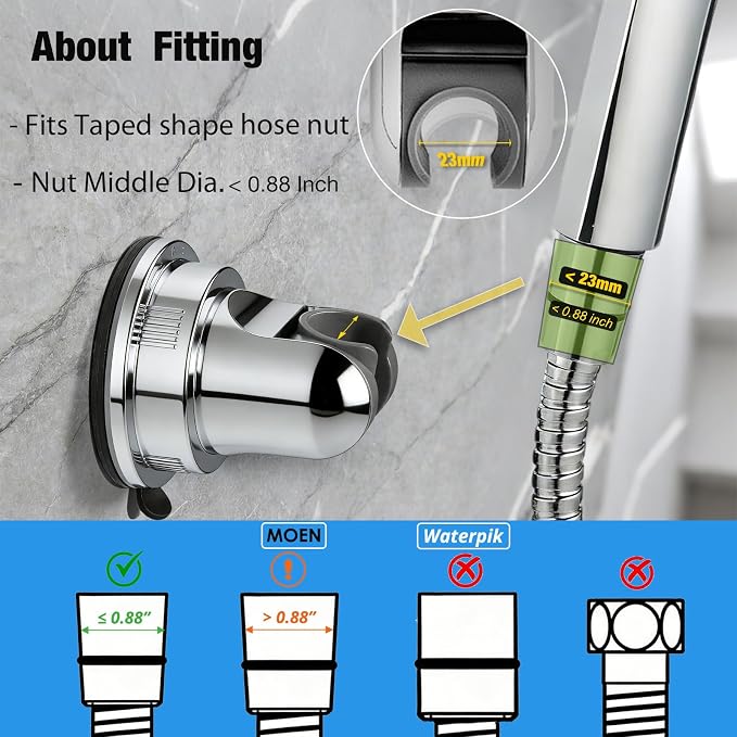 Handheld Shower Head Holder Suction Cup - Relocatable - Wide Angles Adjustable - 90° Downward - Bathroom Wall Mount Shower Wand Holder (Polished Chrome)