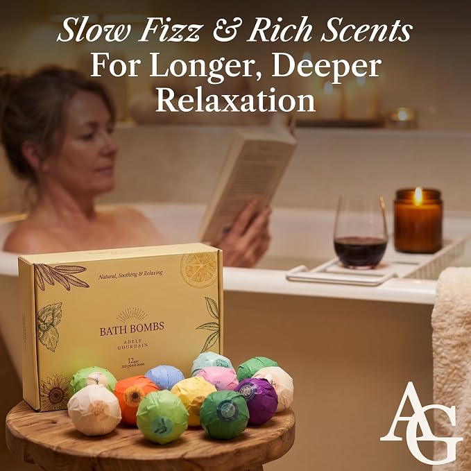 XXL Bath Bombs for Women, 12pc, Birthday Gifts for Women by AdeleGourdain | Bathbombs Bath Gift Set for Women - 12 Spa Scents - Gift Box Incl. - Non-Staining - Bubble Bathbombs for Adults - Large 5oz
