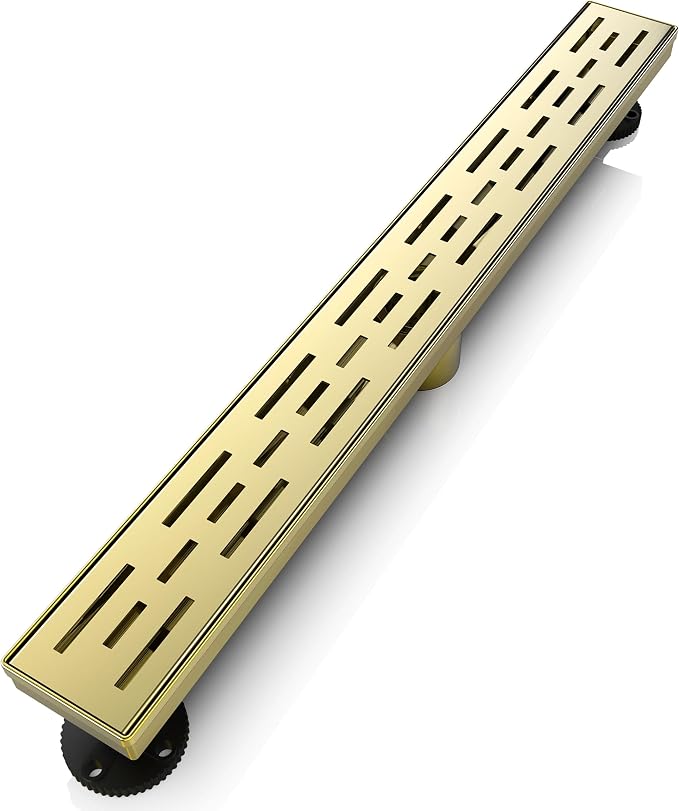 WEBANG 24 Inch Linear Shower Drain Rectangular Floor Drain with Accessories Rainline Pattern Cover Grate Removable SUS304 Stainless Steel CUPC Certified Brushed Gold