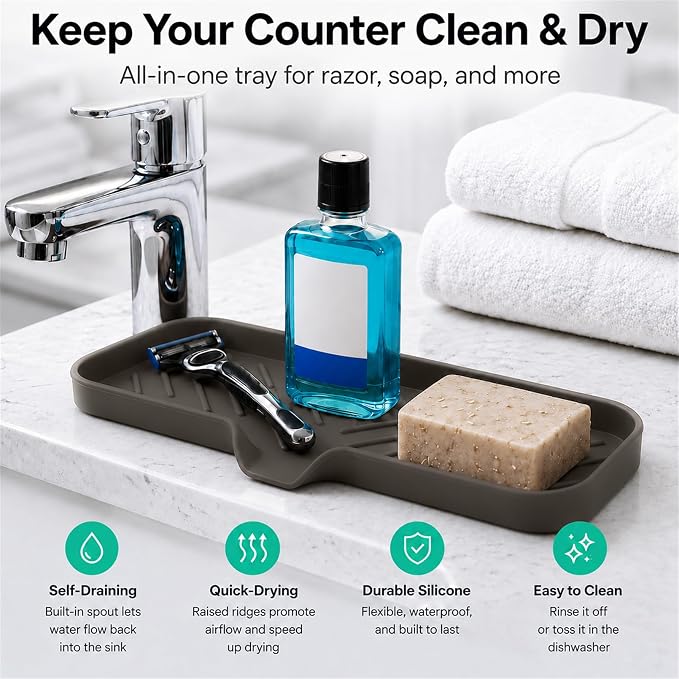 MicoYang Silicone Soap Dish with Drain Spout — Self-Draining Double Sink Organizer Tray for Kitchen & Bathroom, Dispensers, Sponges & Soap Holder, Non-Slip & Dishwasher Safe, Coffee (Large, 12"×4")
