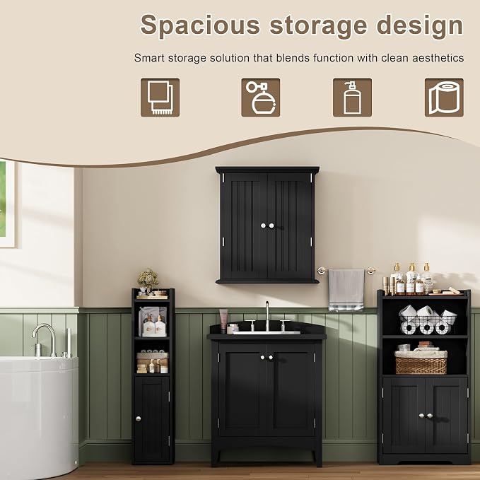 ChooChoo Small Bathroom Storage Cabinet, 7.1“W * 7.9”D Corner Floor Cabinet with Door and Adjustable Shelf, Narrow Toilet Paper Cabinets, Slim Bathroom Organizers for Small Spaces and Bathroom, Black