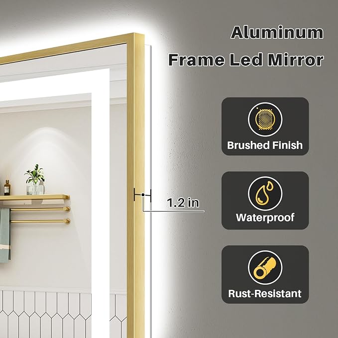 44x36 Inch LED Bathroom Mirror with Gold Frame, Backlit & Front Lit | Anti-fog, 3 Color Dimmable, Memory Function, HD Reflection Tempered Glass, ETL Listed, IP54 Waterproof