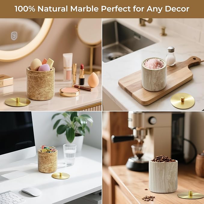 Marble Qtip Holder with Brass Lid for Cotton Swabs,Balls,Pads,Floss Picks Large Capacity Marble Apothecary Jar for Bathroom Essentials Decor, Vanity Makeup Storage Organizer Light Brown (WH080)