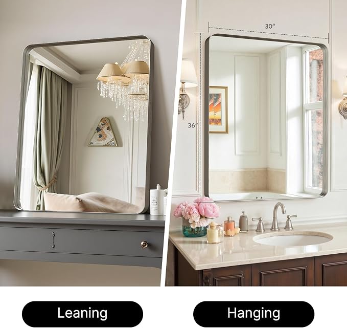 36"x30" Bathroom Vanity Mirror for Wall Aluminum Framed Farmhouse Rectangle | Anti-Rust, HD Reflection Anti-Desilvering, Distortion Free, Tempered and Shatter-Proof Wall Mounted Mirror, Brushed Nickel