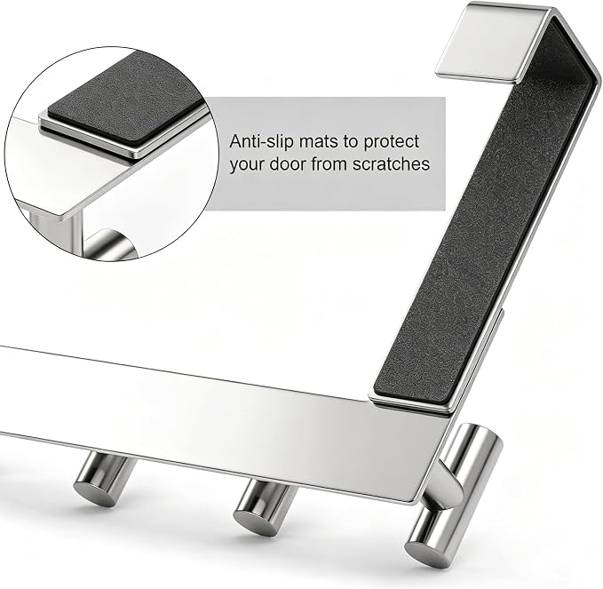 PMMASTO Over The Door Hooks, Fits 1-3/4" Thick Door No Drill Hooks for Closet Bathroom Bedroom Organization, Hanger for Coat Towel Robe (Polished Silver, 5 T-Hooks)