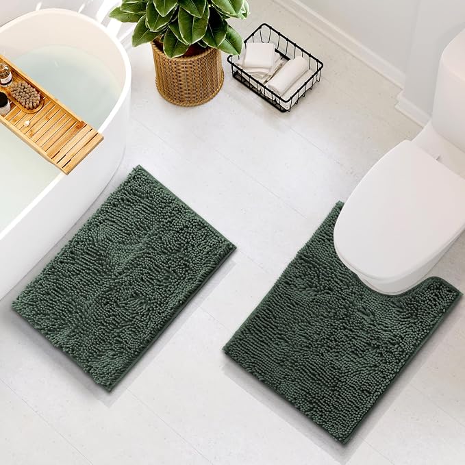 Hearth & Harbor Bathroom Rugs, Chenille Bath Mat - Machine Washable Bath Mats for Bathroom Non-Slip Backing Rubber, Quick Dry Bathroom Mat - Hunter Green 17x24-20x24