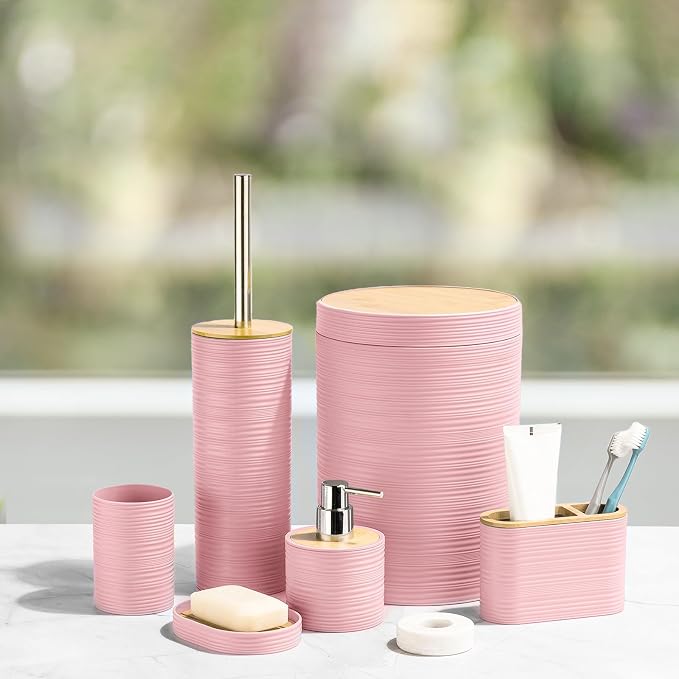 CERBIOR Bamboo Bathroom Accessories Set 6 Piece Spiral Bath Ensemble（Pink） | Includes Soap Dispenser, Toothbrush Holder, Toothbrush Cup, Soap Dish for Decorative Countertop and Housewarming Gift, Pink