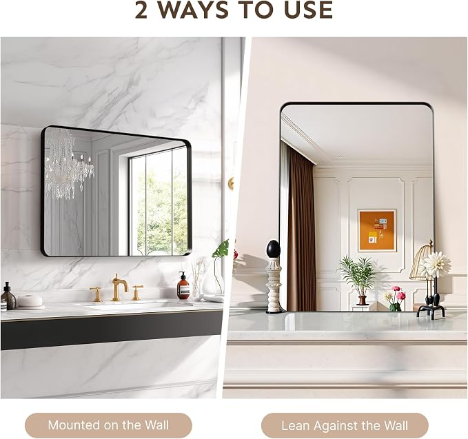 30"x22" Bathroom Vanity Mirror for Wall Aluminum Framed Farmhouse Rectangle | Anti-Rust, HD Reflection Anti-Desilvering, Distortion Free, Tempered and Shatter-Proof Wall Mounted Mirror, Black