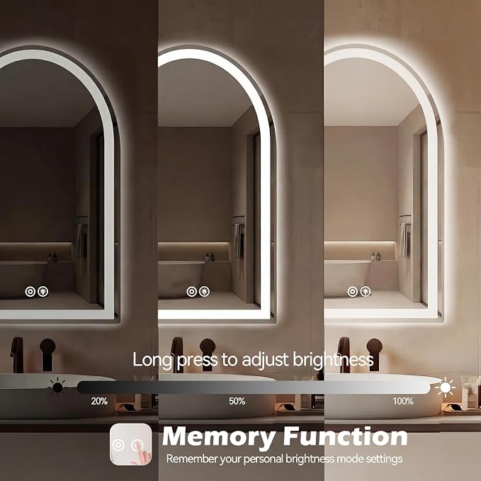 DUMOS 20"x28" LED Bathroom Mirror with Lights, Arched Vanity Mirror | Anti-Fog, Dimmable, 3-Color Light, Memory Function, Front Light and Backlit, Tempered Glass