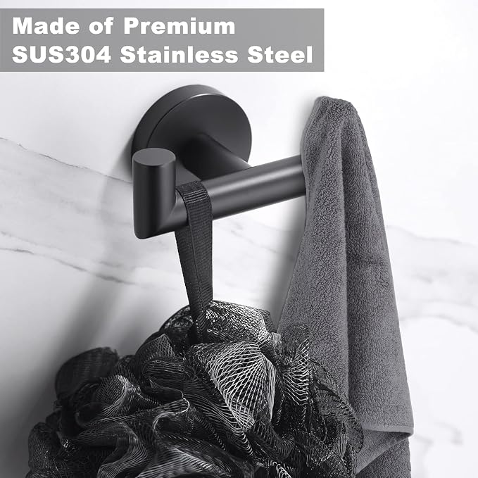Towel Hooks for Bathrooms, Matte Black Towel Hook for Kitchen Bathroom, SUS304 Stainless Steel Coat Hook, Heavy Duty Double Towels Holder Hooks for Hanging Towels, Coats, sponges, Wall Mount, 1 Pack