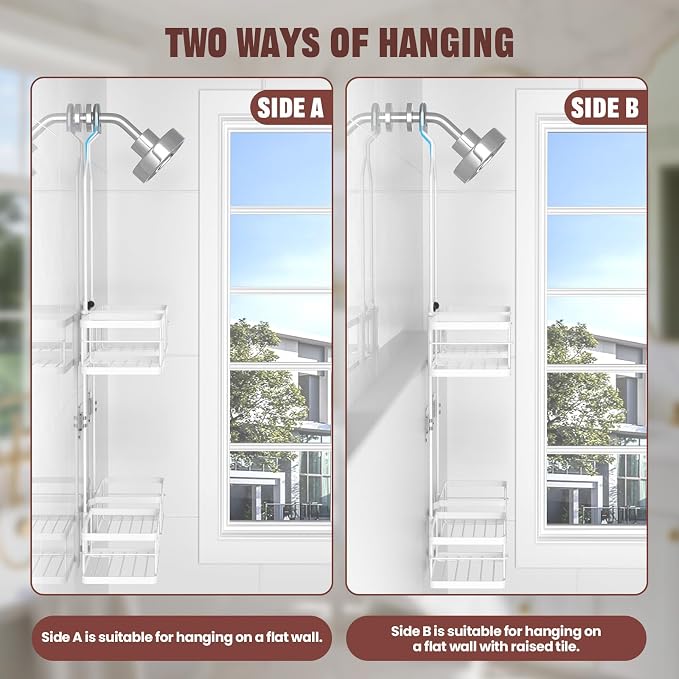 REINHARDT Adjustable Shower Caddy Hanging for Handheld Showerheads, White | Patented Shower Organizer, Rustproof, 40lbs Capacity, Anti-Swing, Tool-Free, Suction Cups, 8 Hooks, Soap & Toothbrush Holder