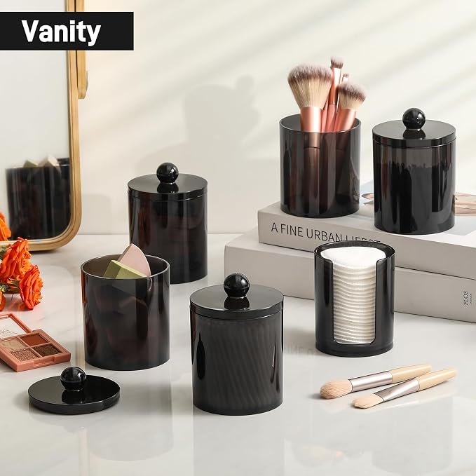 4 Pcs Acrylic Qtip Holder Dispenser for Cotton Swabs, Balls, Floss Picks | Thick, Clear Black, w/ Labels - Small Canister Apothecary Jar Set, Bathroom Decor Essentials, Shelf Vanity Storage Organizer