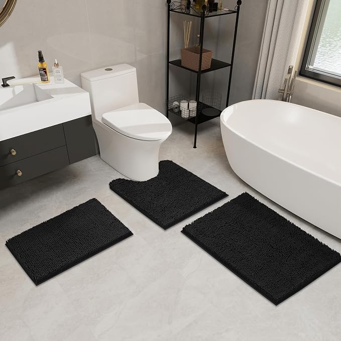 LINLA 3 Pieces Bathroom Rug Set, Absorbent Non Slip Chenille Bath mat | Absorbent Thick Plush Chenille Carpet Mats Set,Washable Dry Quickly with U-Shaped Toilet Mat for Tub, Shower