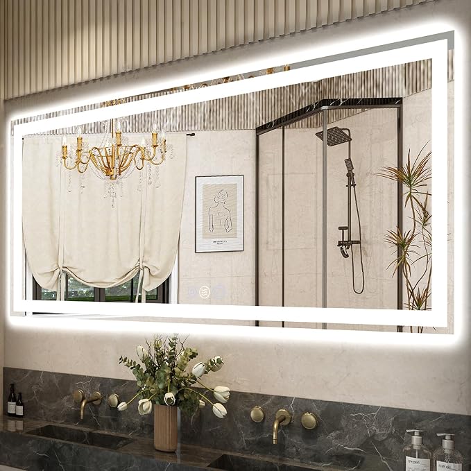 72x32 LED Bathroom Mirror, 6000LM, Separate Front and Back Lights | Shatter-Resistant Tempered Glass,Auto-Off Defogger,3 Color Modes,Smooth Dimming,Smart Memory Setting