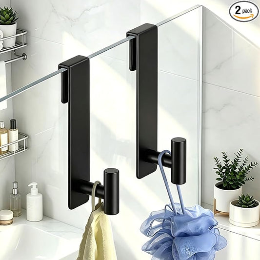 Shower Door Hooks, Heavy Duty Rack Hooks for Robe, Stainless Steel Towel Hooks for Bathroom, Fits Frameless Glass Shower Doors up to 3/8" (10mm) Thick (Black, 2 Pack)