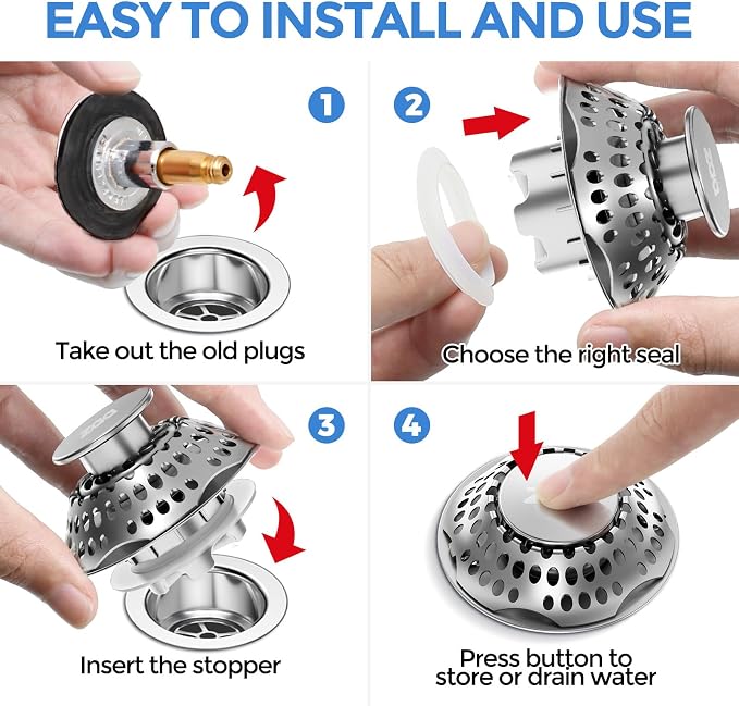 zaa 2 in 1 Bathtub Drain Stopper & Hair Catcher Pop-Up Plug | Upgraded Silver Pop Up Tub Plug for 1.46-2" Drain, Replaces Lift & Turn Tip-Toe or Trip Lever, Easy Hair Catcher