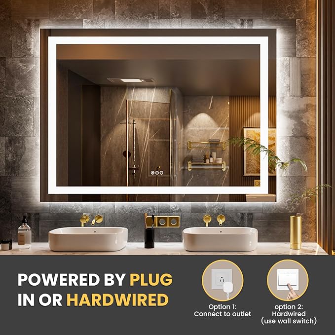 LOAAO 52"X36" LED Bathroom Mirror with Lights, UL Listed | Anti-Fog, Dimmable, 3 Color Temperature, Backlit + Front Lit, Memory Function, Tempered Glass