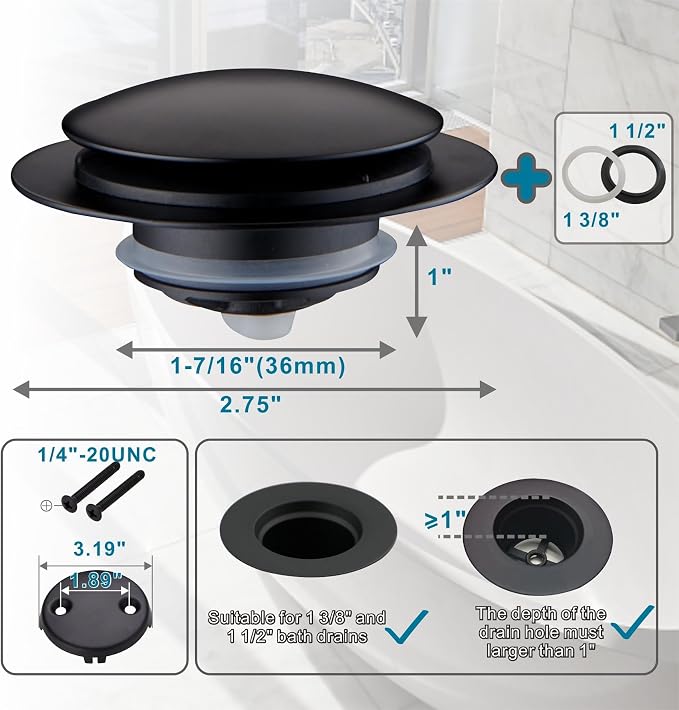 Black Tub Drain Stopper,Welsan Universal Pop Up Bathtub Stopper Replacement Tip Toe, Lift and Turn with 2-Hole Overflow Face Plate Cover and EZ Bath Tub Plug Stopper (Matte Black)