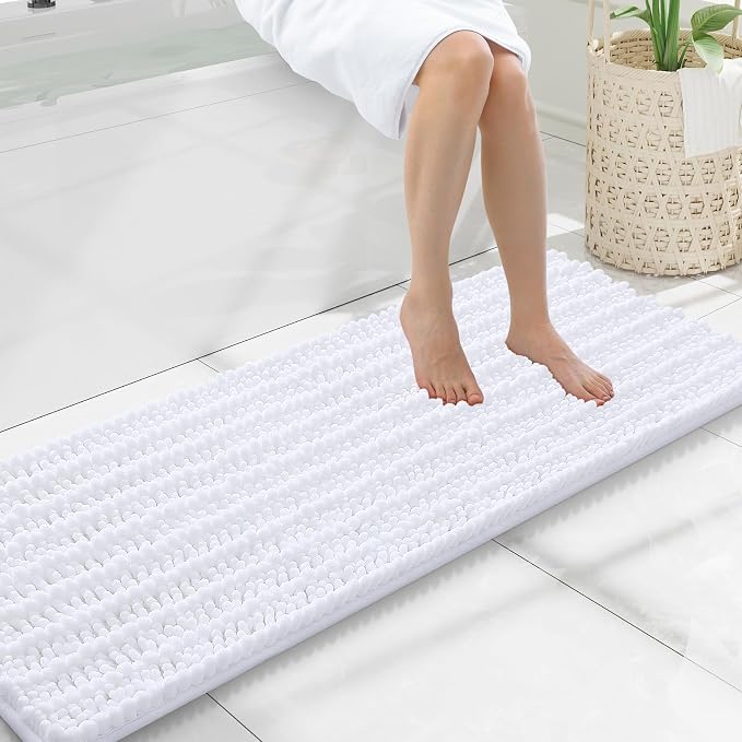 Smiry Bathroom Rugs 47X17, Extra Soft Rubber Backing Chenille Bath Mats | White Machine Washable Non Slip Quick Dry Bath Mats for Bathroom Floor, Tub, Shower, Home Decor Accessories