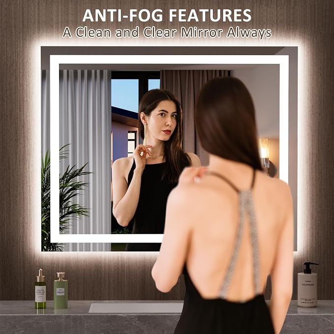LOAAO 39.4"x31.5" LED Bathroom Mirror with Lights, UL Listed | Anti-Fog, Dimmable, 3 Color Temperature, Backlit + Front Lit, Memory Function, Tempered Glass