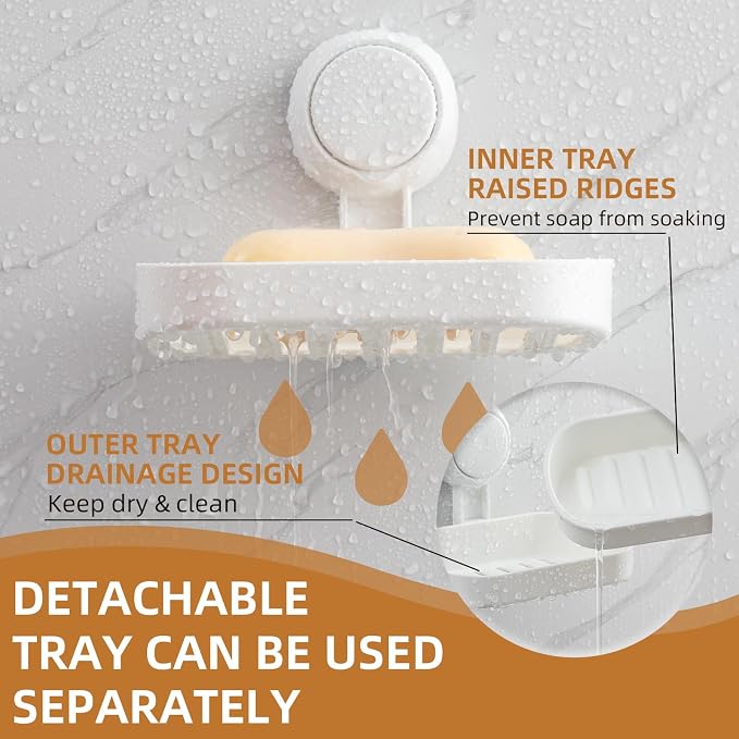 Soap Holder, Soap Dish for Shower, Suction Cup Bar Soap Holder | Soap Bar Holder for Shower, Wall Mounted Self Draining, NO Drill Sponge Holder for Bathroom, Bathtub Kitchen Sink, White