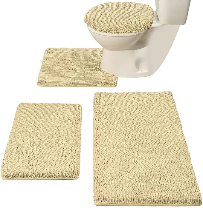 Madeals Bath Rug Set 4 Piece with Toilet Lid Cover, Soft Shaggy Bath Rug Set 3 Piece and U-Shaped Toilet Floor Rug Beige