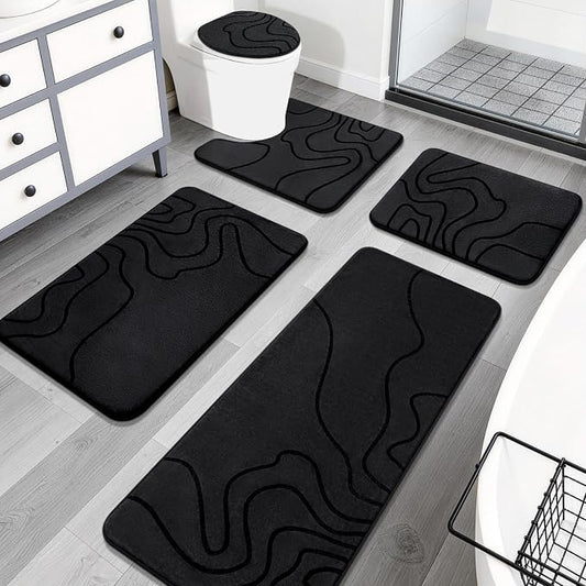 YIHOUSE Memory Foam Bathroom Rugs Sets 5 Piece, Ultra Soft Bath Mat, Black | Ultra Soft, Extra Thick Bath Mat, Absorbent, Non-Slip, Machine Washable, For Tub, Shower & Home Decor Accessories
