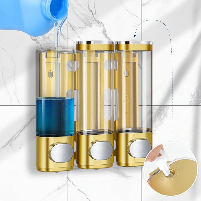 Shower Soap Dispenser,Shampoo and Conditioner Dispenser | Shower Dispenser 3 Chamber No Drill,10.14 oz 3-in-1,Wall Mounted Refillable Bottles,Shower Accessories for Bathroom,RV&Hotel