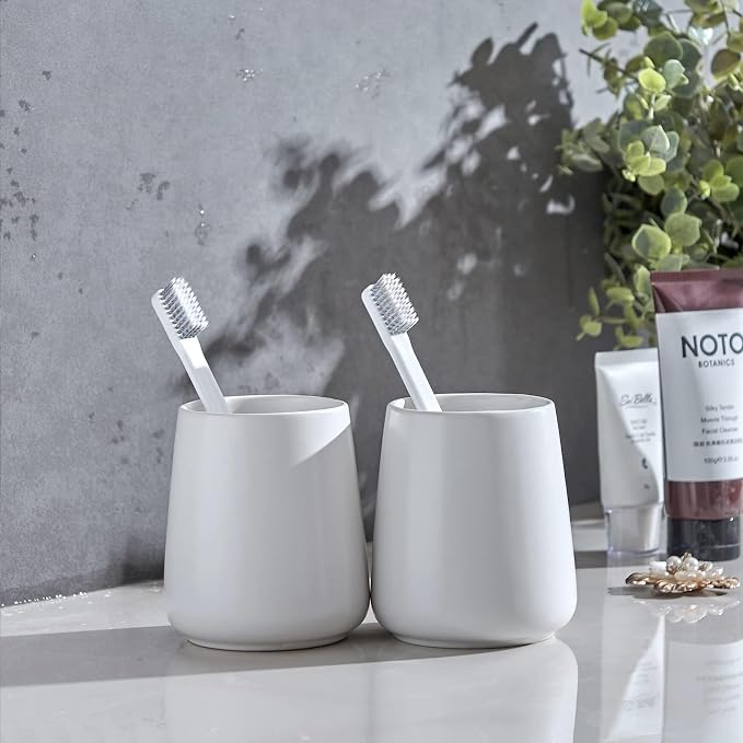White Toothbrush Holder for Bathroom - Ceramic Tooth Brushing Holders, Toothbrush Cup & Toothpaste Organizer for Bathroom Countertop, Makeup Brush Holder, Pen Holder for Home Desktop Storage