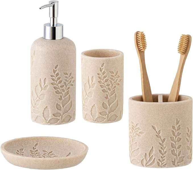 Bathroom Accessories Set, 4 PCS, Sandstone Look Leaf Beach Style | Modern,Minimalist,With Soap Dispenser 13.19 OZ, Toothbrush Holder, Tumbler, Soap Dish, Bathroom Countertop Organizer