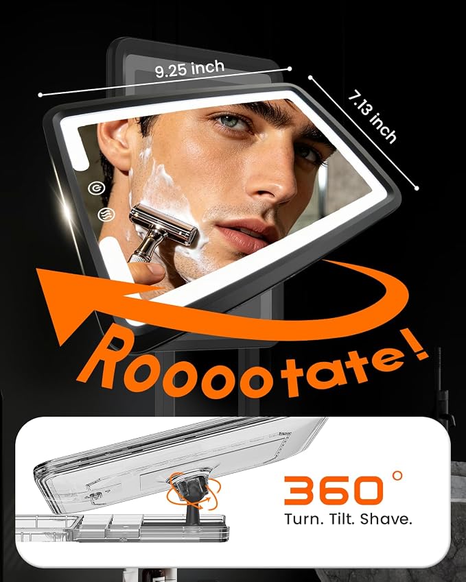 Heated Shower Mirror Fogless for Shaving with 3-Color Dimmable LED Lights, Rechargeable, 360 Degree Adjustable, Drill-Free, All-in-One Storage Tray Holds Shaving Foam, Brush and 2 Razors