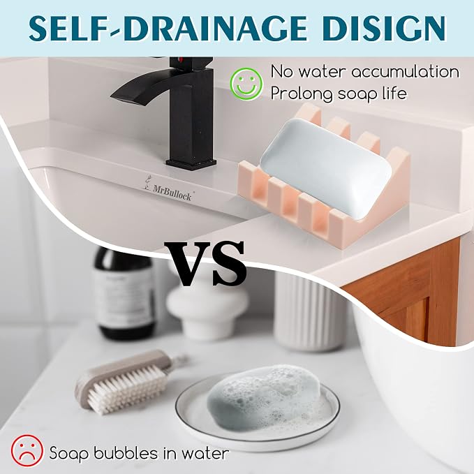 Self Draining Silicone Soap Dish Holder Waterfall Tray, 2 Pack White Pink | Waterfall design drains fast to keep soap dry, non-slip silicone base anti slide, soap saver for bathroom & kitchen