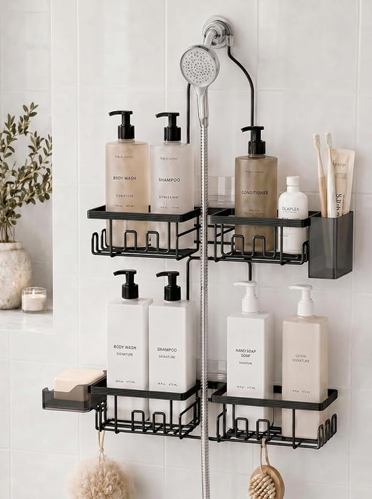 Shower Caddy Hanging for Handheld Showerheads, Rustproof, Black | Anti-Swing, Split Design, Shower Organizer with Hooks, Soap Holder and Toothbrush Holder, No-Drill Bathroom Storage