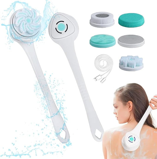 Electric Body Brush for Shower Rechargeable IP67 Waterproof Back Scrubber with 5 Heads 3 Modes Long Handle Spin Brush for Exfoliating Deep Cleaning Back Face Foot