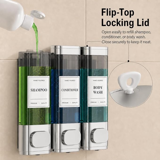 Shampoo and Conditioner Dispenser – Wall-Mounted Shower Soap Dispenser, No-Drill Installation, Lockable, 900 ml Capacity,for Bathroom & Hotel or Airbnb (Electroplated Silver, 3-Pack)