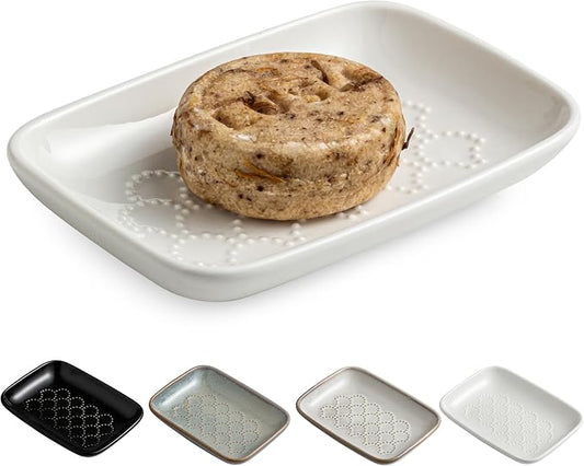 Gomakren Ceramic Soap Dish Bar Soap Holder for Bathroom Kitchen Sink White | Keeps soap dry & long-lasting, raised scalloped design, non-slip base, easy to clean, versatile tray counter storage & decor