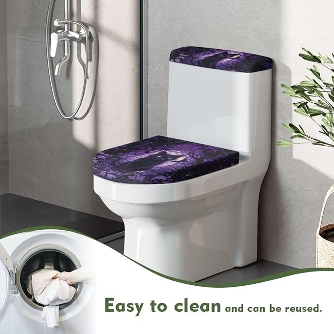 Black Cat Toilet Lid Covers for Bathroom Set Soft Toilet Seat Cover Set with Elastic Band Washable Elongated Halloween Decoration