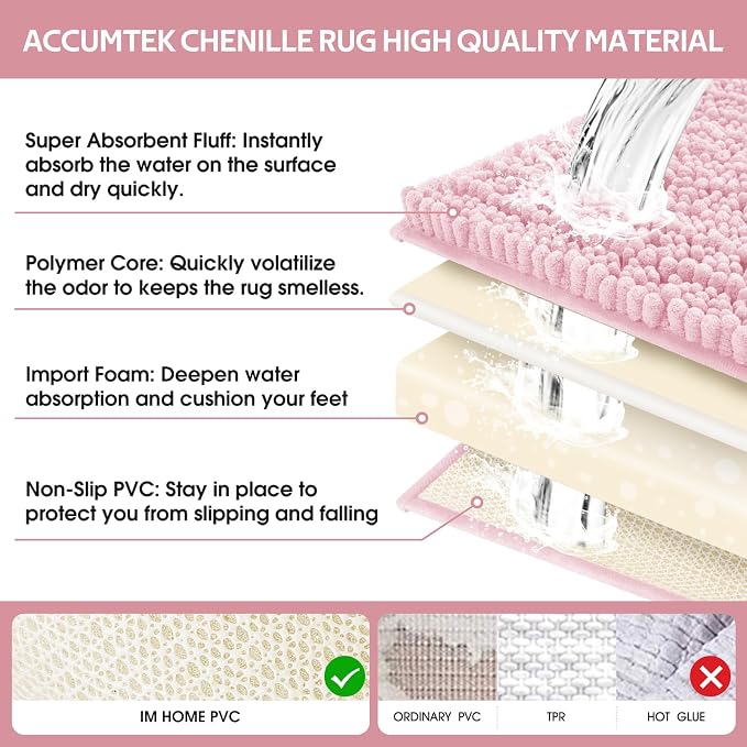 ACCUMTEK Upgrade Extra Large Pink Bathroom Rug Set 3 Pieces Ultra Soft, Thick Absorbent Bath Mats, Non Slip Chenille Toilet Mat for Bathroom, Bedroom, Kitchen