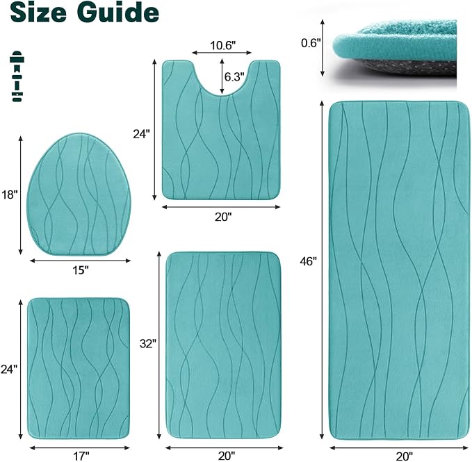 Bathroom Rugs Set 5 Piece, Memory Foam Bath Mat Teal | Ultra Soft, Absorbent, Non-Slip, Machine Washable, for Bathroom, Sink and Toilet