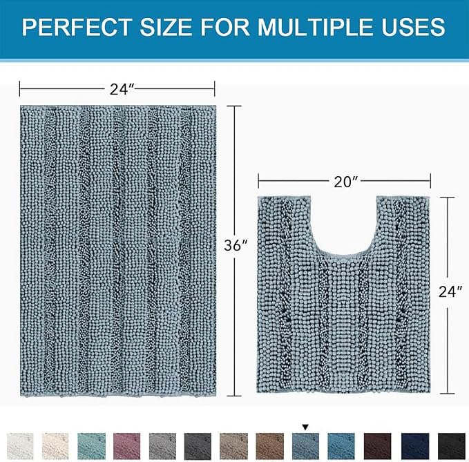 H.VERSAILTEX Bathroom Rugs Bath Rug Set 2 Piece Bathroom Contour Rug Toilet Mat Sets Non Slip Contour Bath Rug Ultra Thick Water Absorbent Striped Bath Mats(36" x 24" Plus 20" x 24" U, Stone Blue)