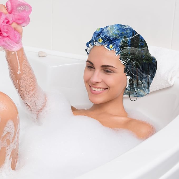 2 PCS Shower Cap Waterproof Double Layer Elastic Adjustable Reusable Hair Bath Caps for Girls Women Cute Aesthetic-Blue White