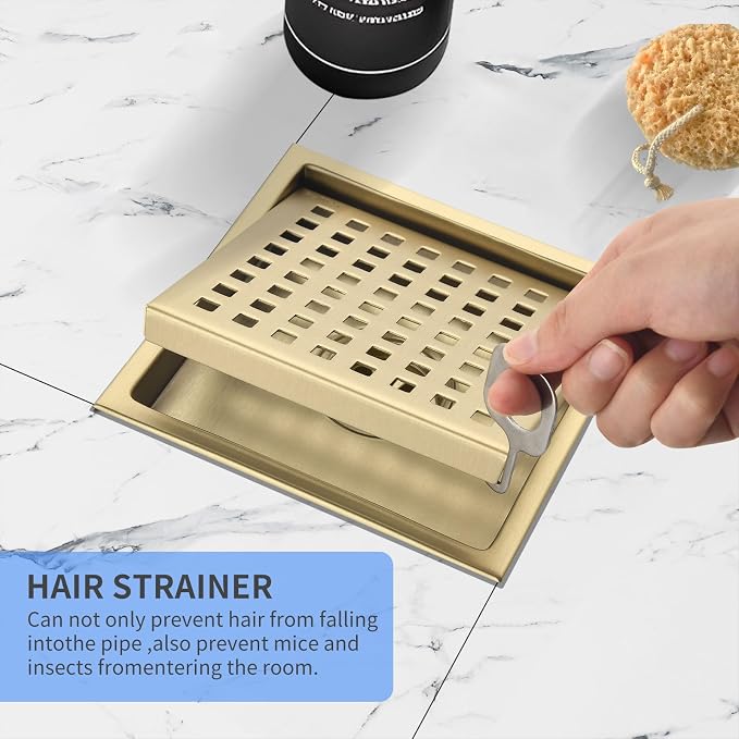 6 Inch Set of 2 Shower Drain 304 Stainless Steel ， Brushed Gold Square Shower Floor Drain Kit with Flange, Removable Cover Grille, Hair Filter for Bathroom, Kitchen, Balcony