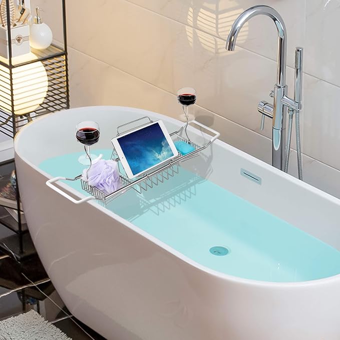 iPEGTOP Stainless Steel Bathtub Caddy Tray - Over Bath Tub Racks Shower Organizer with Extending Sides, Removable Wine Glass Book Holder